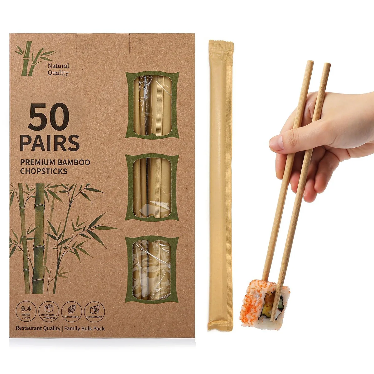 Bundle of 50 individually wrapped bamboo chopsticks, wood finish, 9.45 inch length