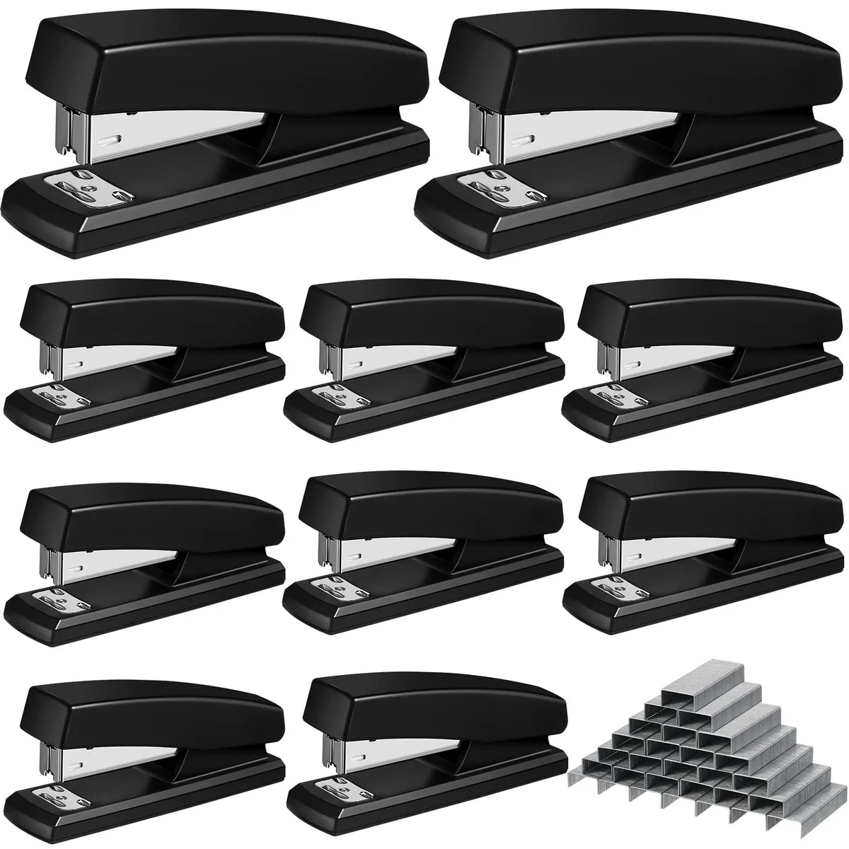 Ten black metal desktop staplers with anti-slip bases and open tacking arms, plus staple packs