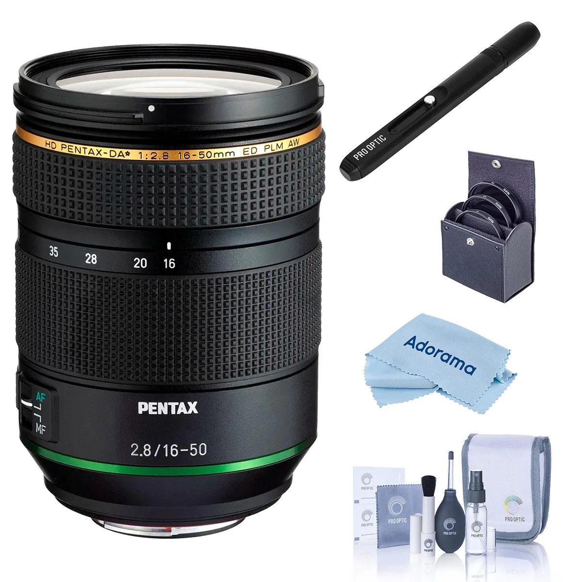 Black weather-sealed zoom lens with hood, cap, case, filter kit and cleaning accessories