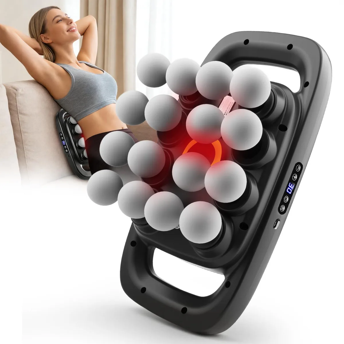 Grey handheld massage gun with 16 interchangeable heads, plastic body, compact pistol shape