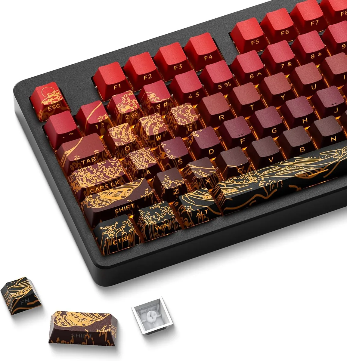 Red 129-key PBT keycap set, Cherry profile, side-printed legends with wave artwork, shine-through doubleshot moulding