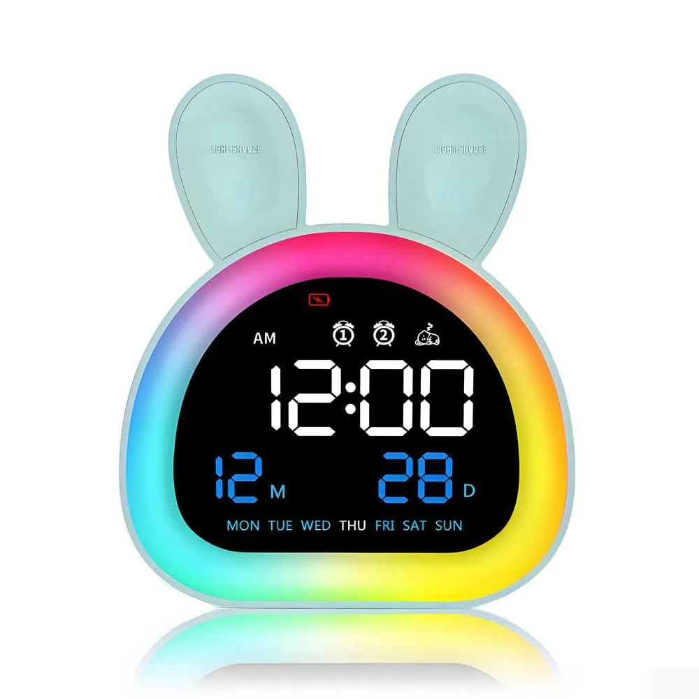 Blue semicircular rabbit alarm clock with LED display and touch ears
