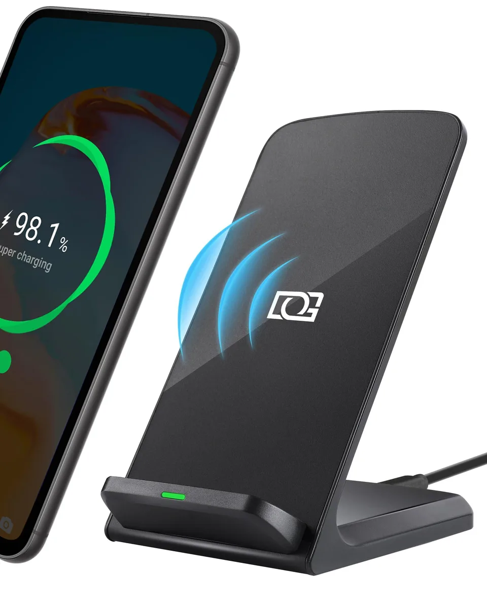 Black wireless charging stand with upright angled cradle and USB-C cable