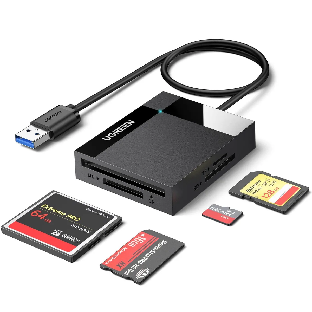 Black rectangular card reader with four slots and short USB cable