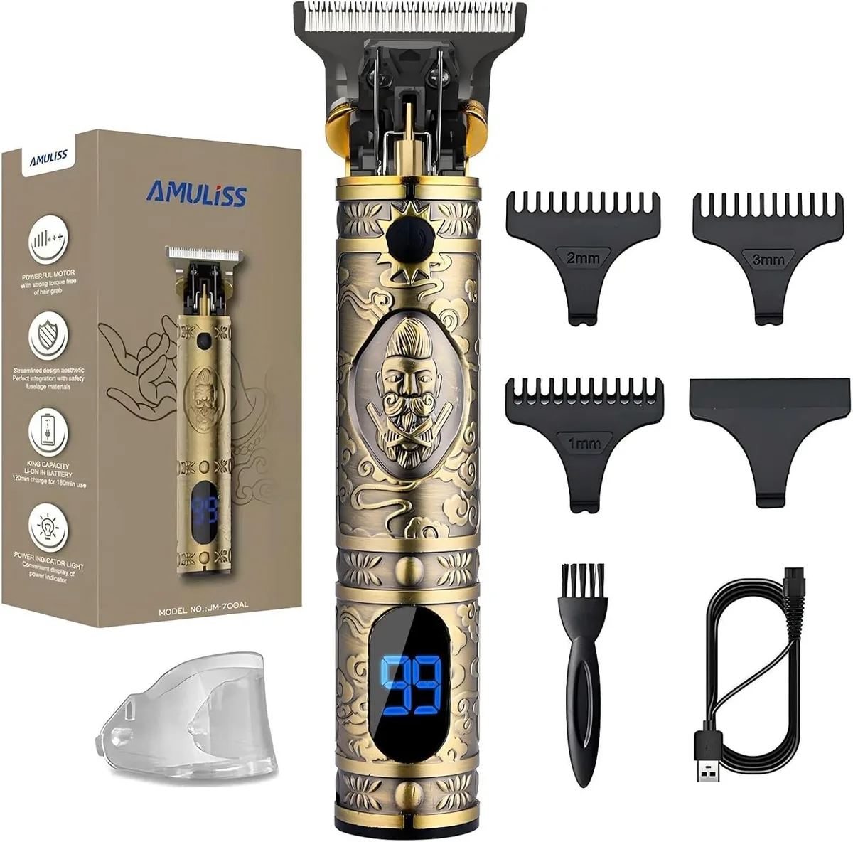 Compact cordless hair trimmer with stainless steel blade, transparent protective cover, LED display and three guide combs