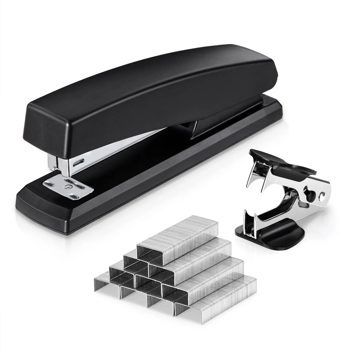 Black desktop stapler with staple remover and 1000 staples, metal body, rubber base