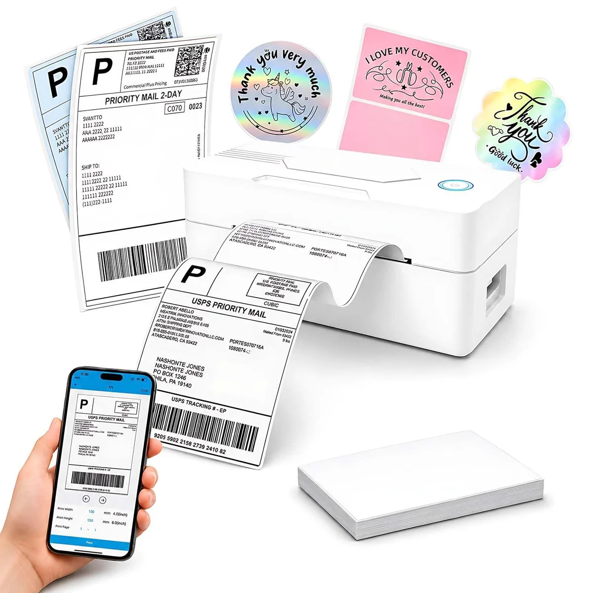 Compact white thermal label printer with Type-C port and Bluetooth pairing for 4x6 labels