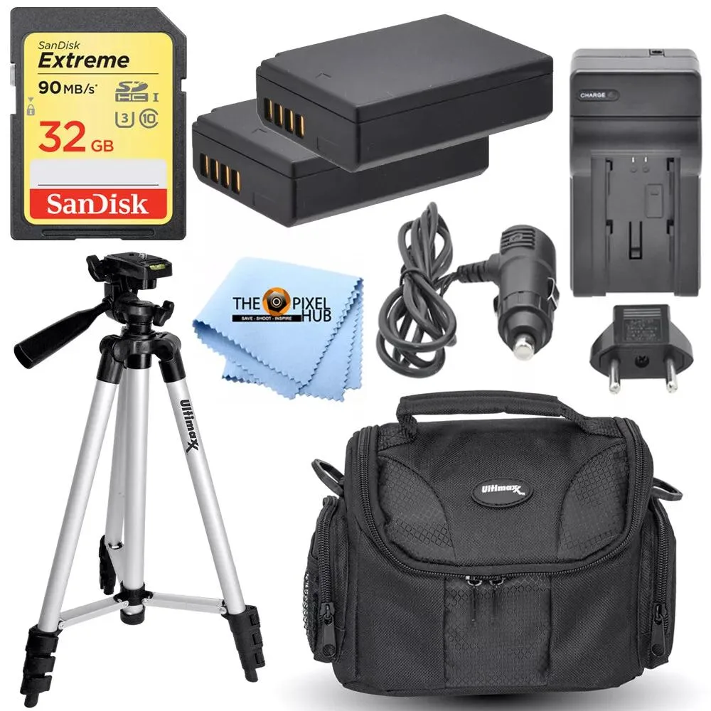 Camera accessory kit with two batteries, charger, memory card, bag, cloth and 57in tripod