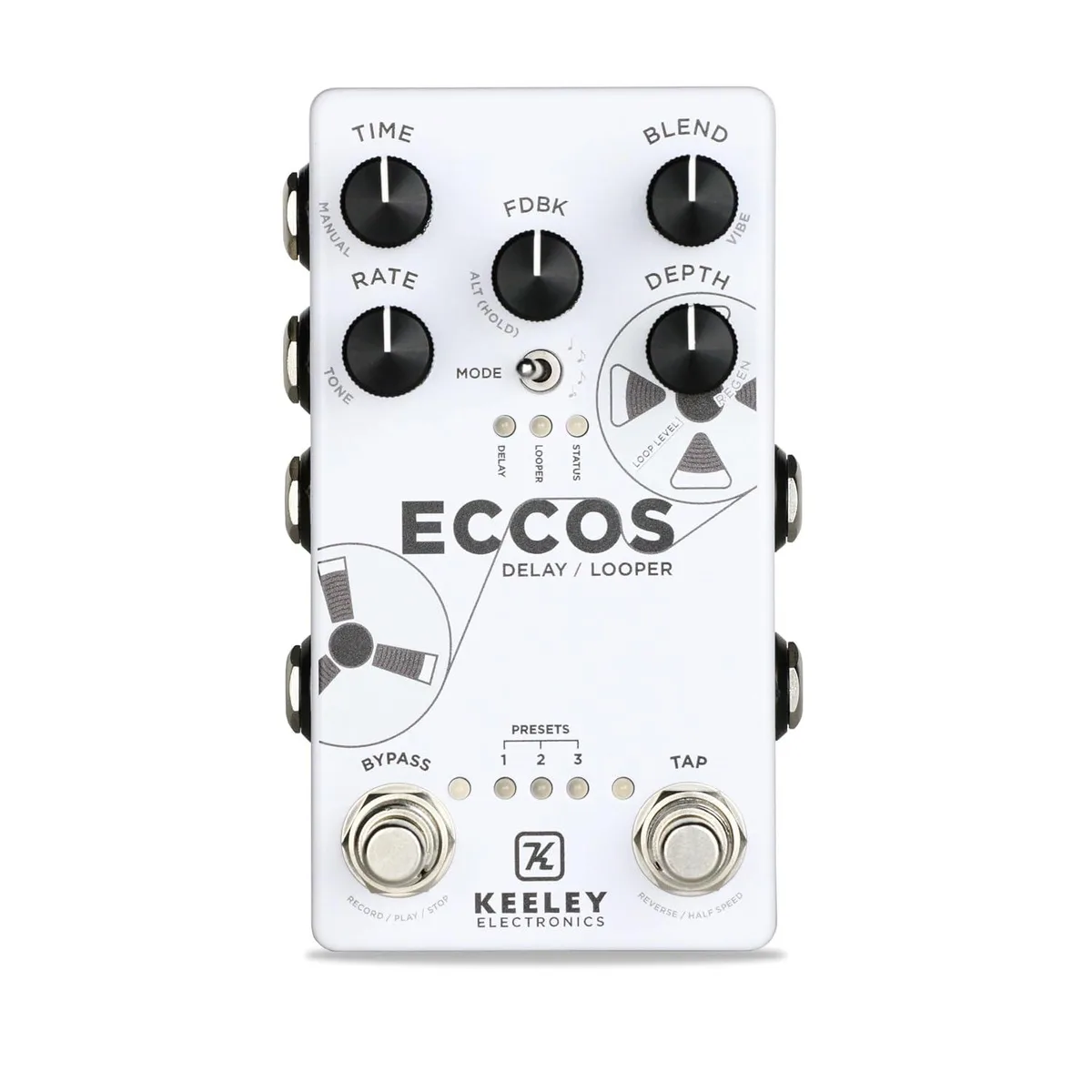 LORDWORLD ECCOS stereo delay looper pedal, compact metal enclosure, footswitches and knobs