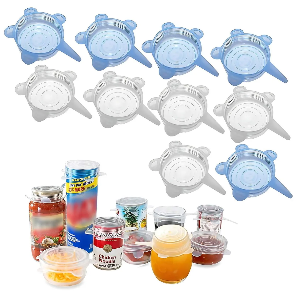 Ten blue silicone can covers, round stretch lids, 2.6 inch diameter