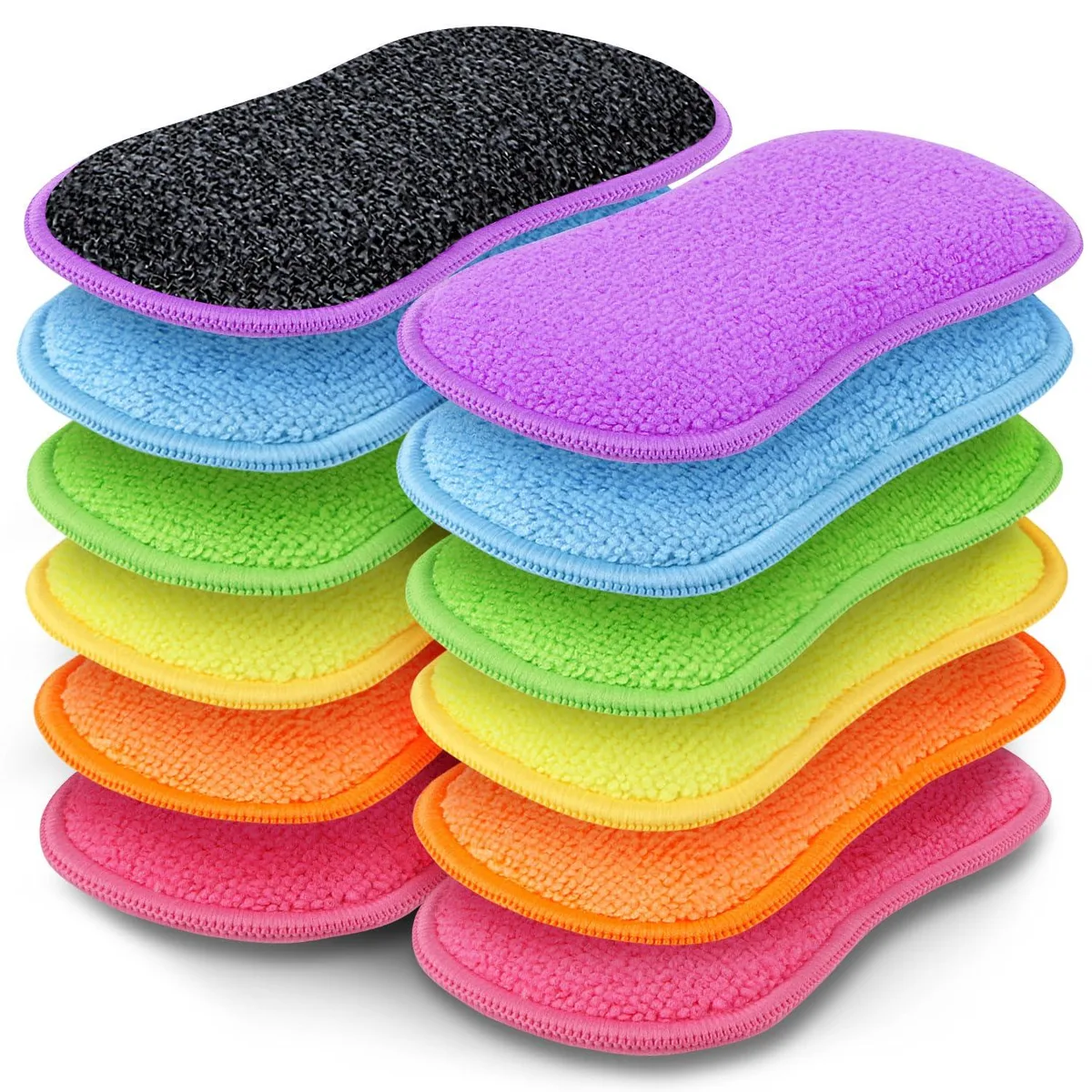 Twelve curved microfiber sponges in a colourful box