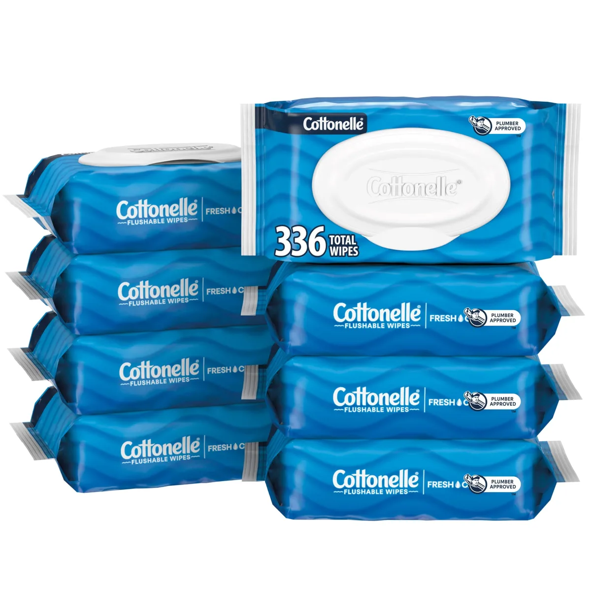 Eight flip-top packs of Cottonelle Fresh Feel flushable wet wipes, 42 wipes each