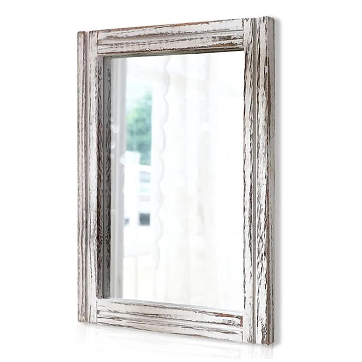 Rectangular wall mirror with rustic white wood frame, 16 by 12 inches