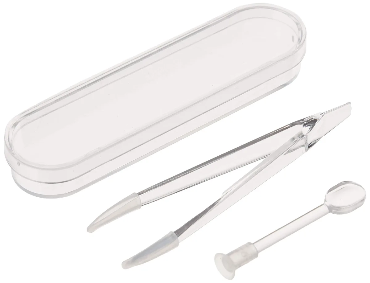 Blue plastic case with tweezers and stick inside