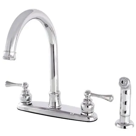 Polished chrome 8-inch centerset kitchen faucet with matching side sprayer