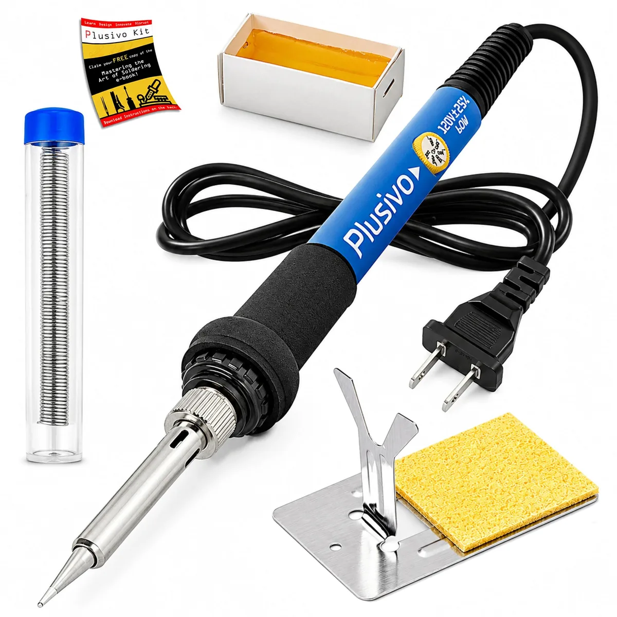 Pencil-style 60 W soldering iron with US plug, stand, sponge, solder wire and flux paste