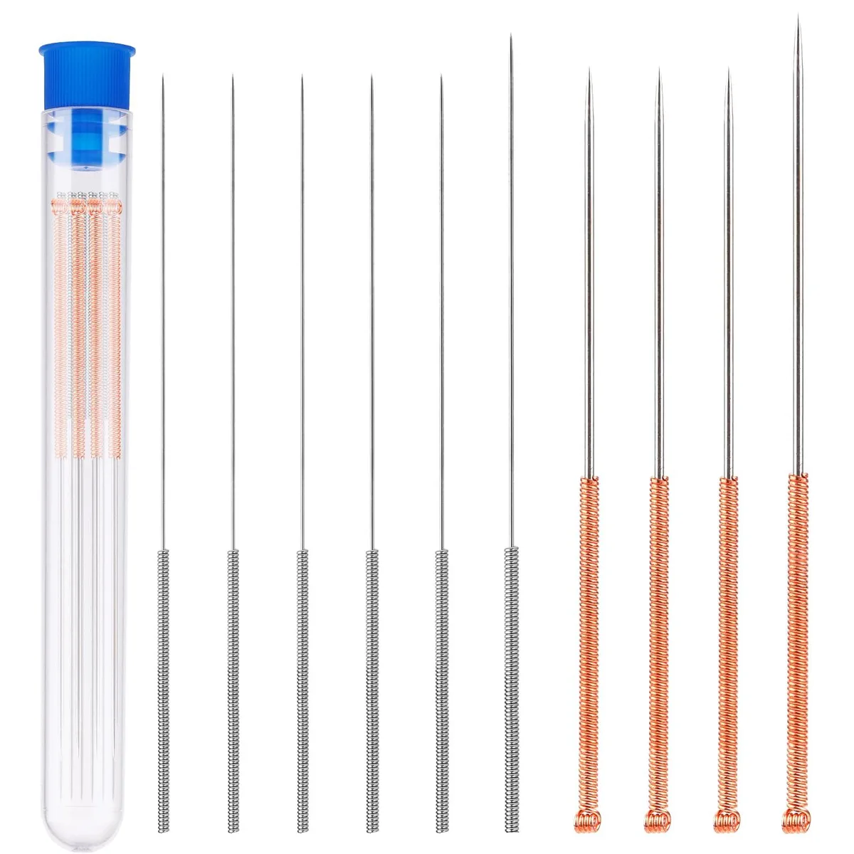 Ten stainless steel cleaning needles in a clear bottle, sizes 0.15 to 1.0 mm
