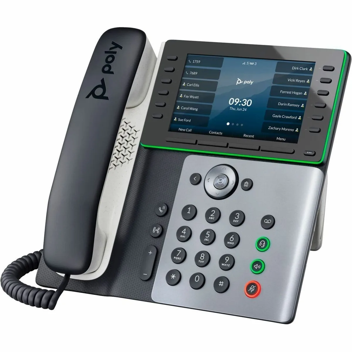 Black corded VoIP desk phone with display and speakerphone