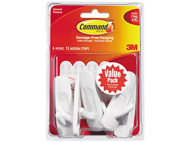 Six white adhesive hooks with strips in a value pack