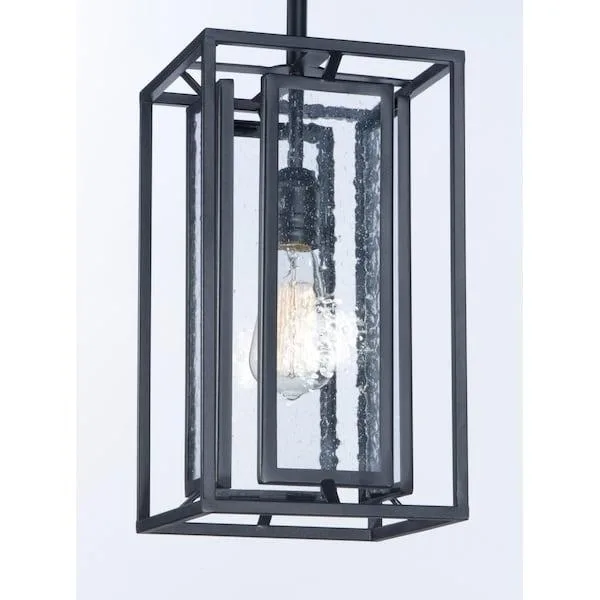 Black metal pendant frame with clear seedy glass panes, 7.75 inches wide
