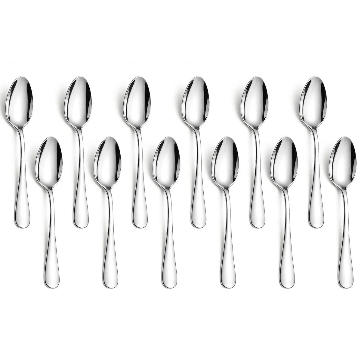 Twelve stainless steel demitasse spoons with mirror-polished finish and ergonomic handles