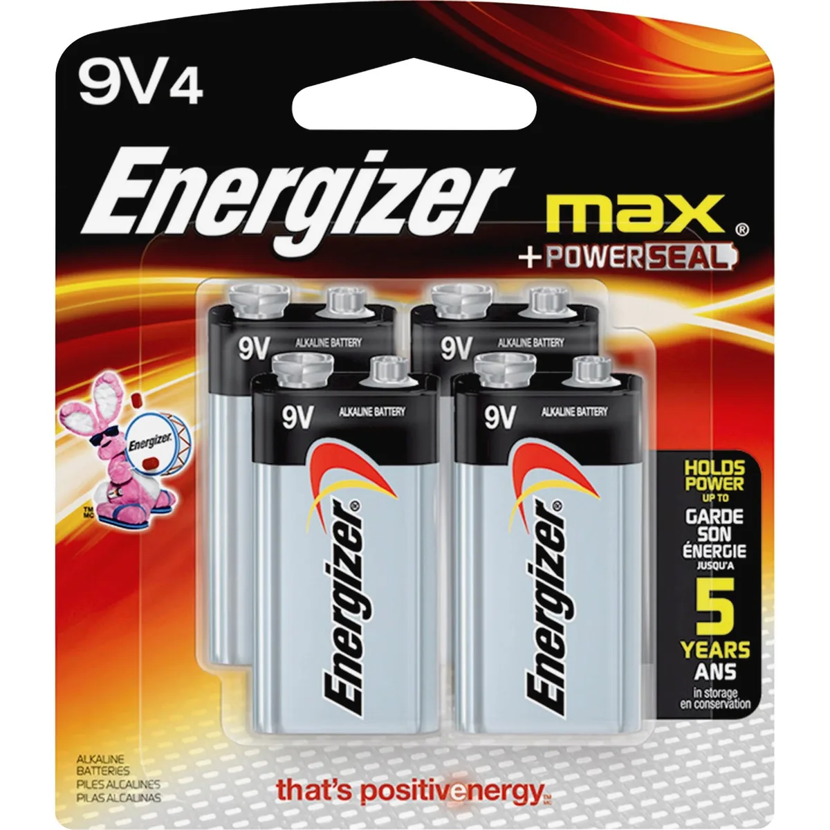 Four new 9V alkaline batteries in retail pack