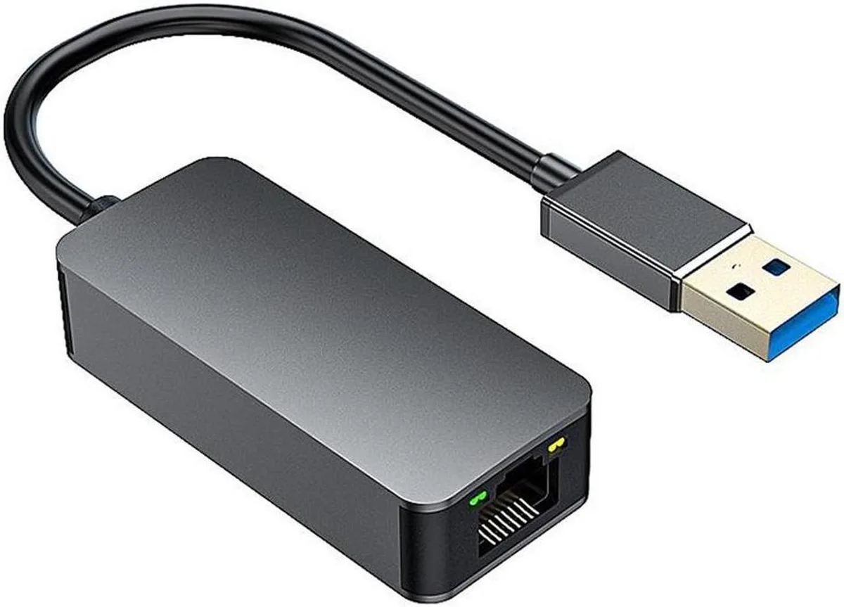 Small USB-A dongle with RJ45 port, matte black finish