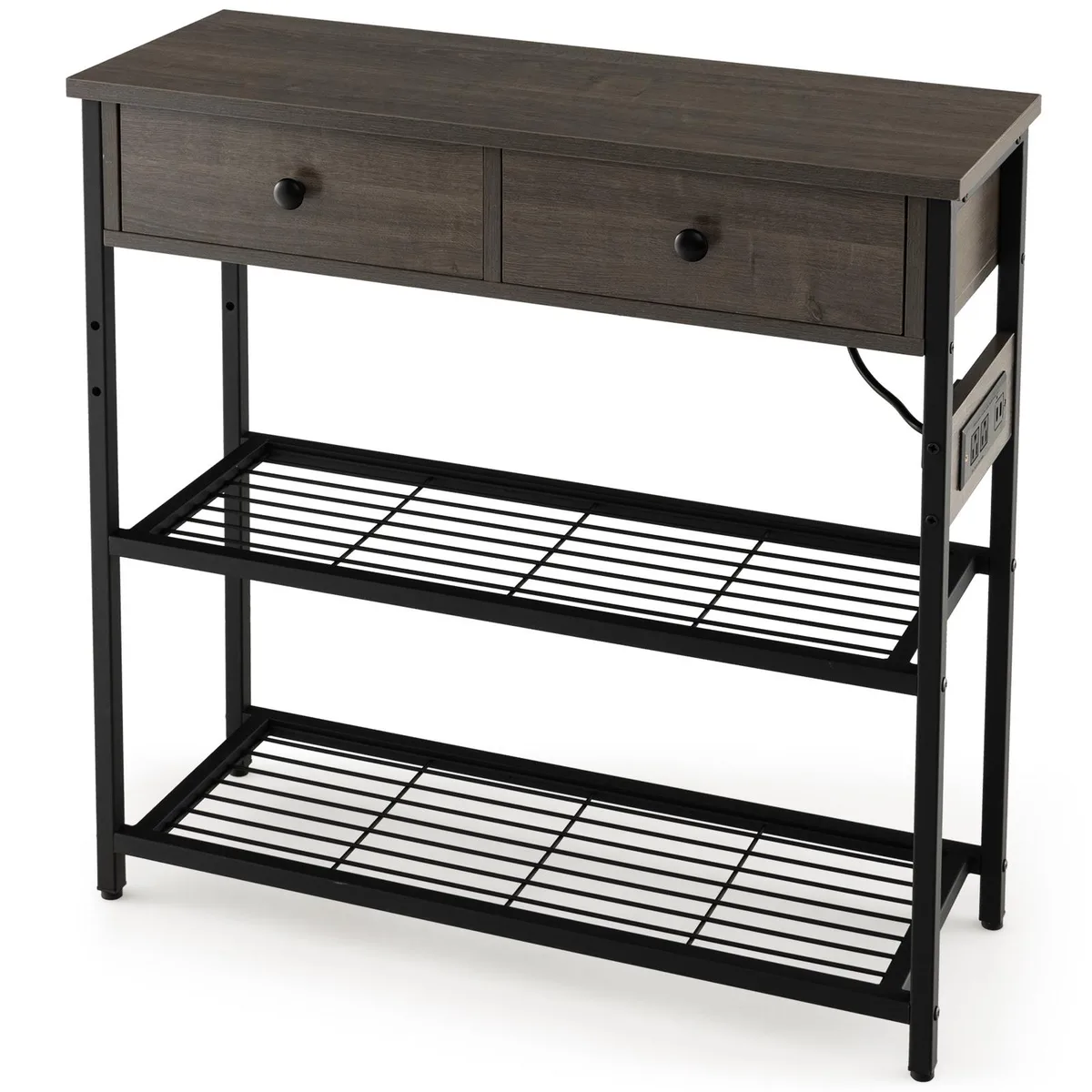 SlickBlue SlickBlue Narrow Console Table 32" Grey Oak 2 Drawers 2 Mesh Shelves Power Strip — product photo