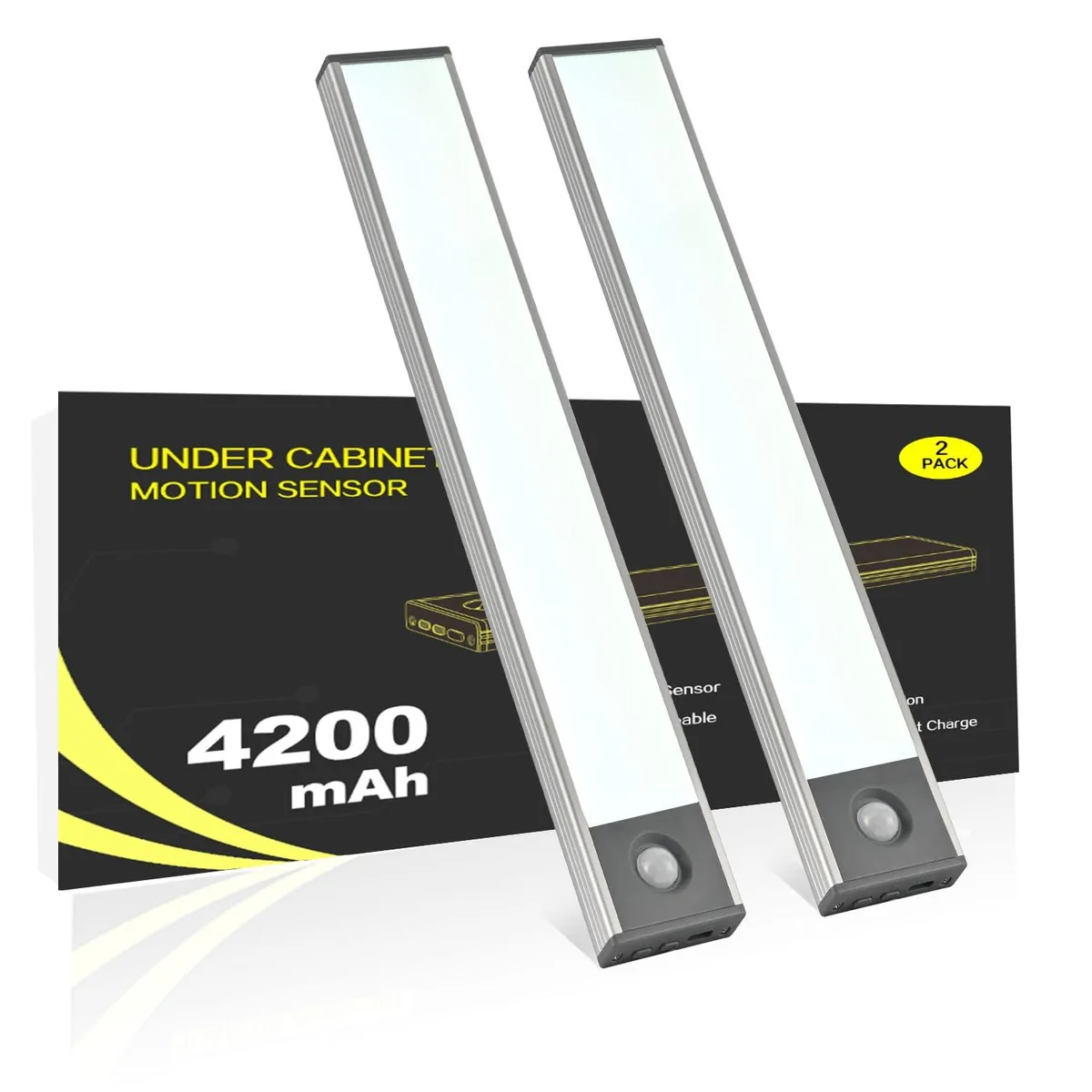 Two white 11-inch aluminum LED bars with USB-C cords and adhesive metal sheets