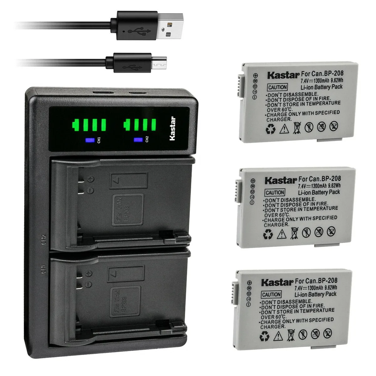 Kastar Kastar BP-208 3-pack battery &amp; LTD2 USB charger — product photo