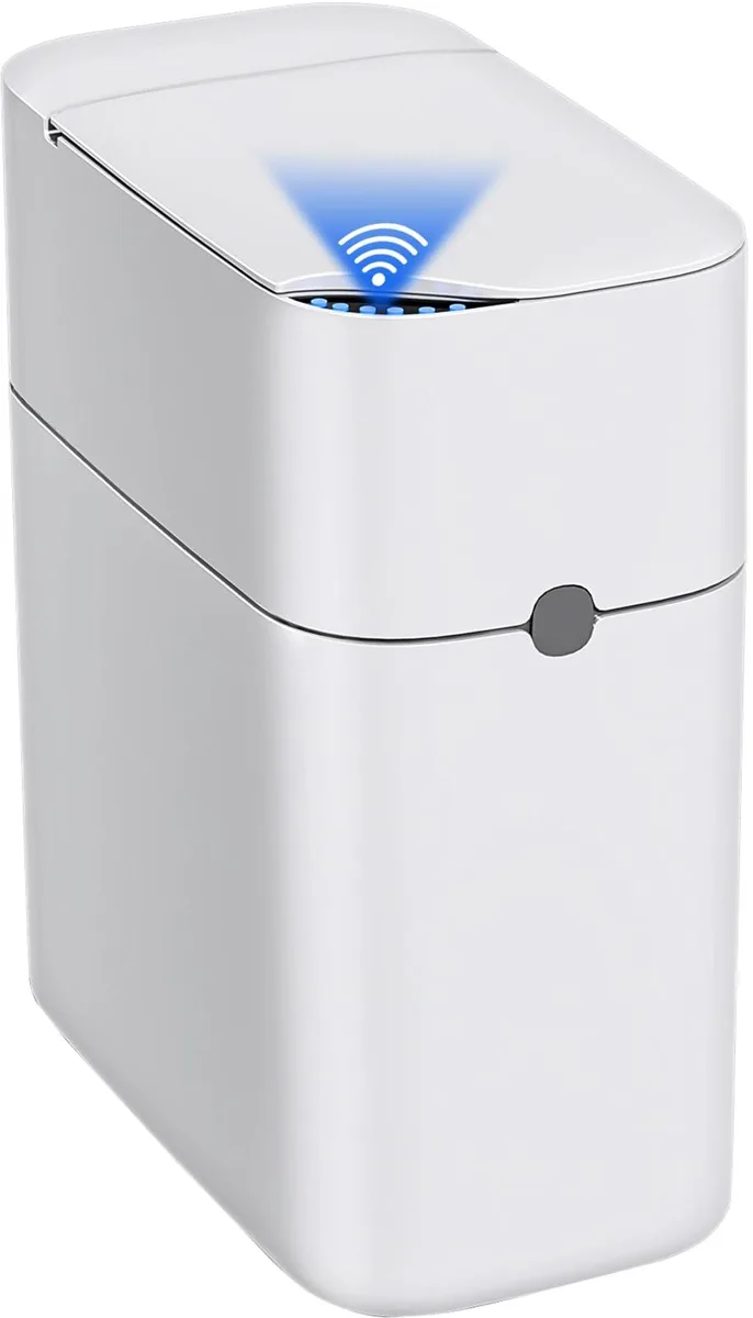 Three white slim touchless trash cans with motion sensor lids, 6 by 11 by 13 inches each