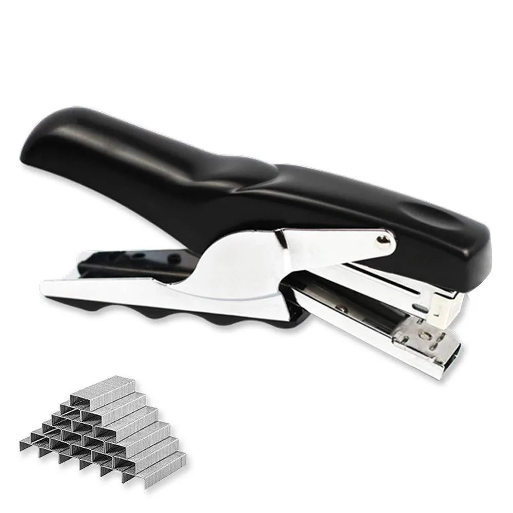 Black plier stapler with ergonomic grip, 1000 staples included, 20 sheet capacity