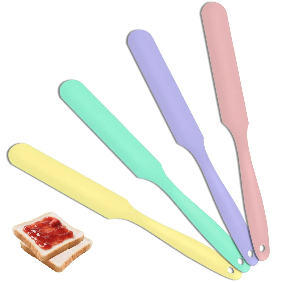 Four maroon silicone jar spatulas, 9.5in long, rectangular flexible heads, hanging holes