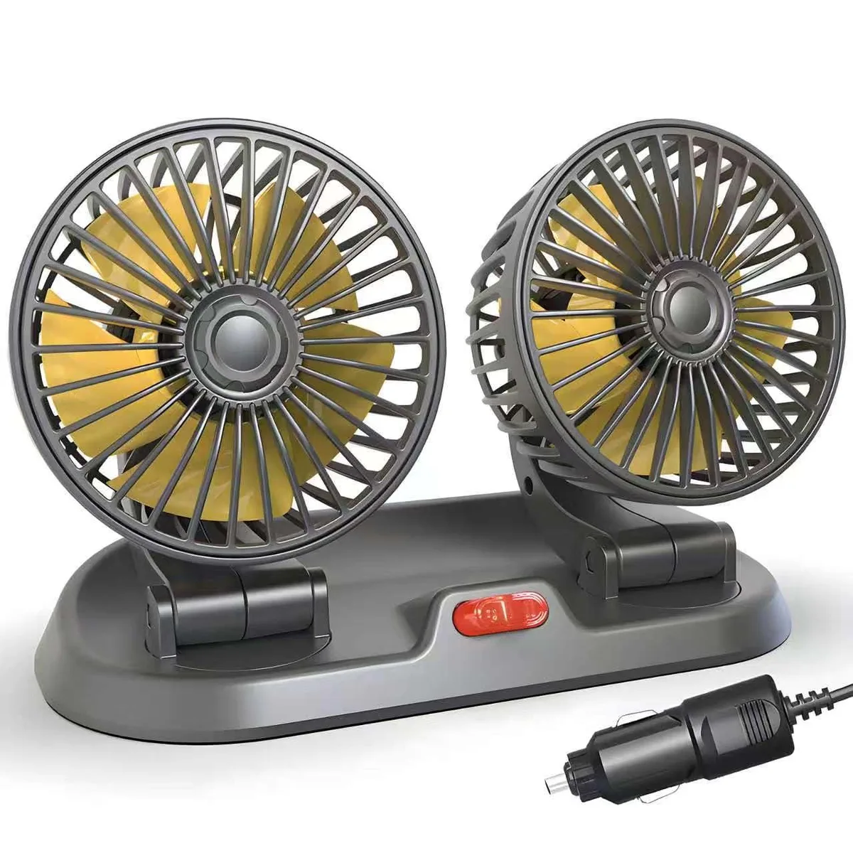 Black dual-head dashboard fan with adjustable arms and cigarette lighter plug