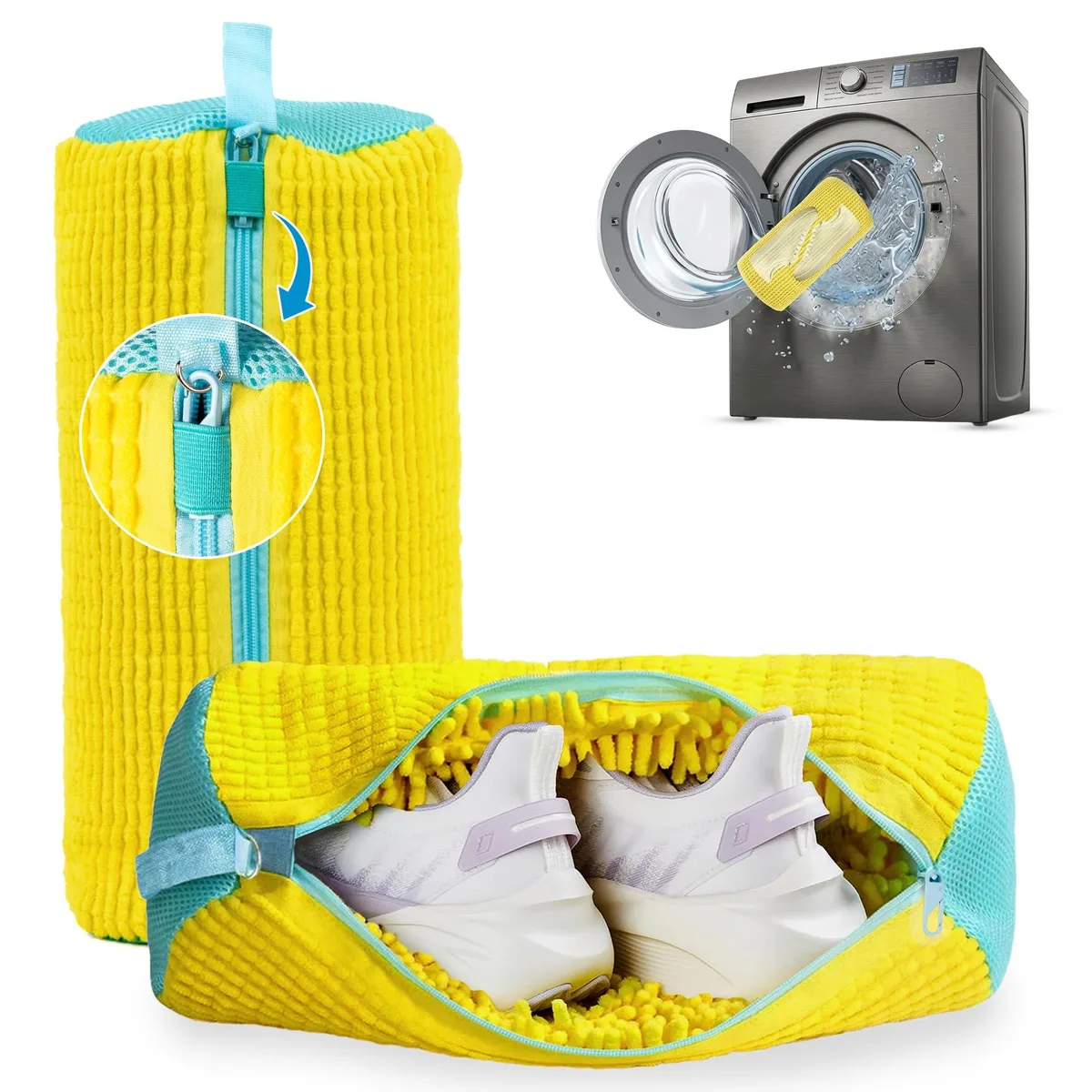 Two rectangular yellow polyester mesh bags with zip closures, each 14.8 by 7.4 inches