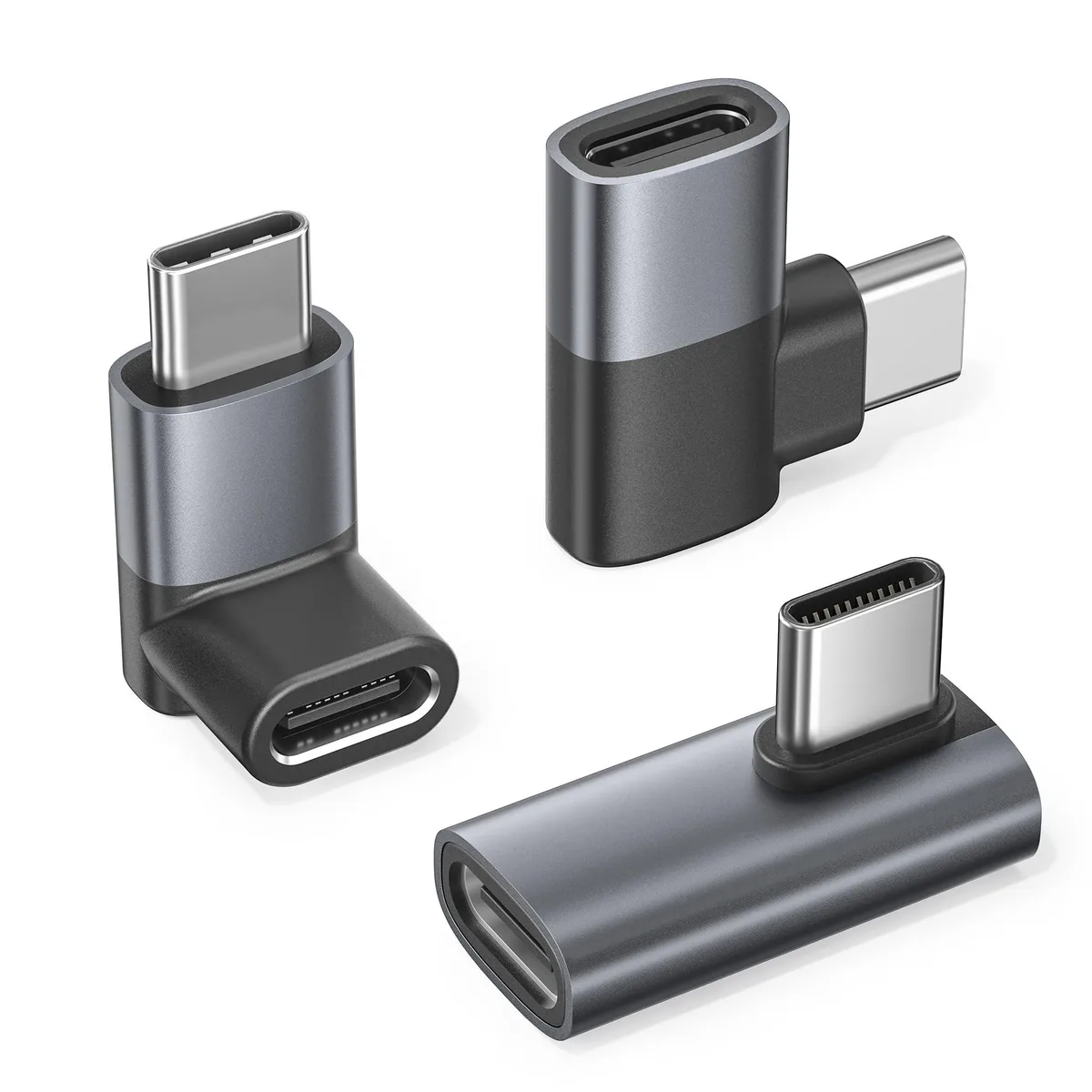 Three gray USB-C right-angle adapters with male-to-female connectors
