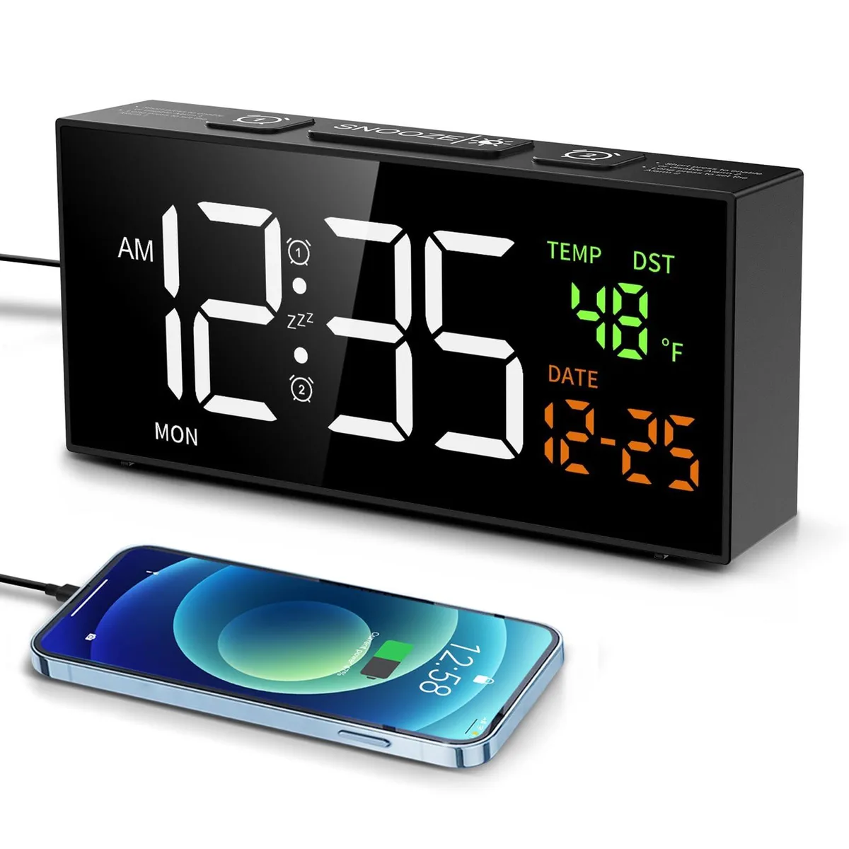 Black rectangular digital clock 17.5 in wide with multi-line display showing time date temperature and weekday
