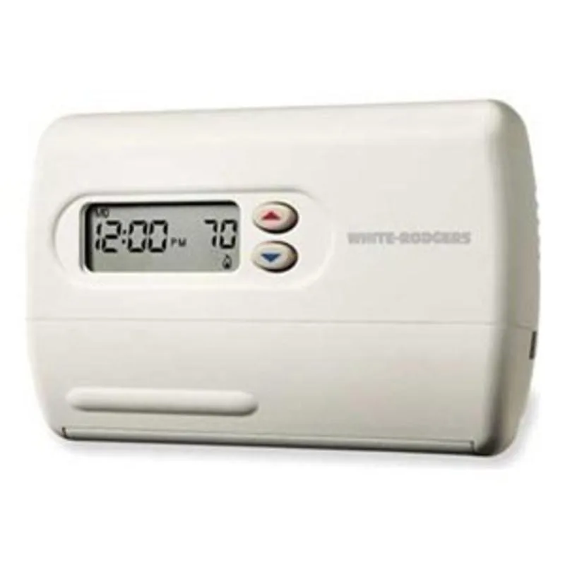 White rectangular thermostat with backlit LCD display