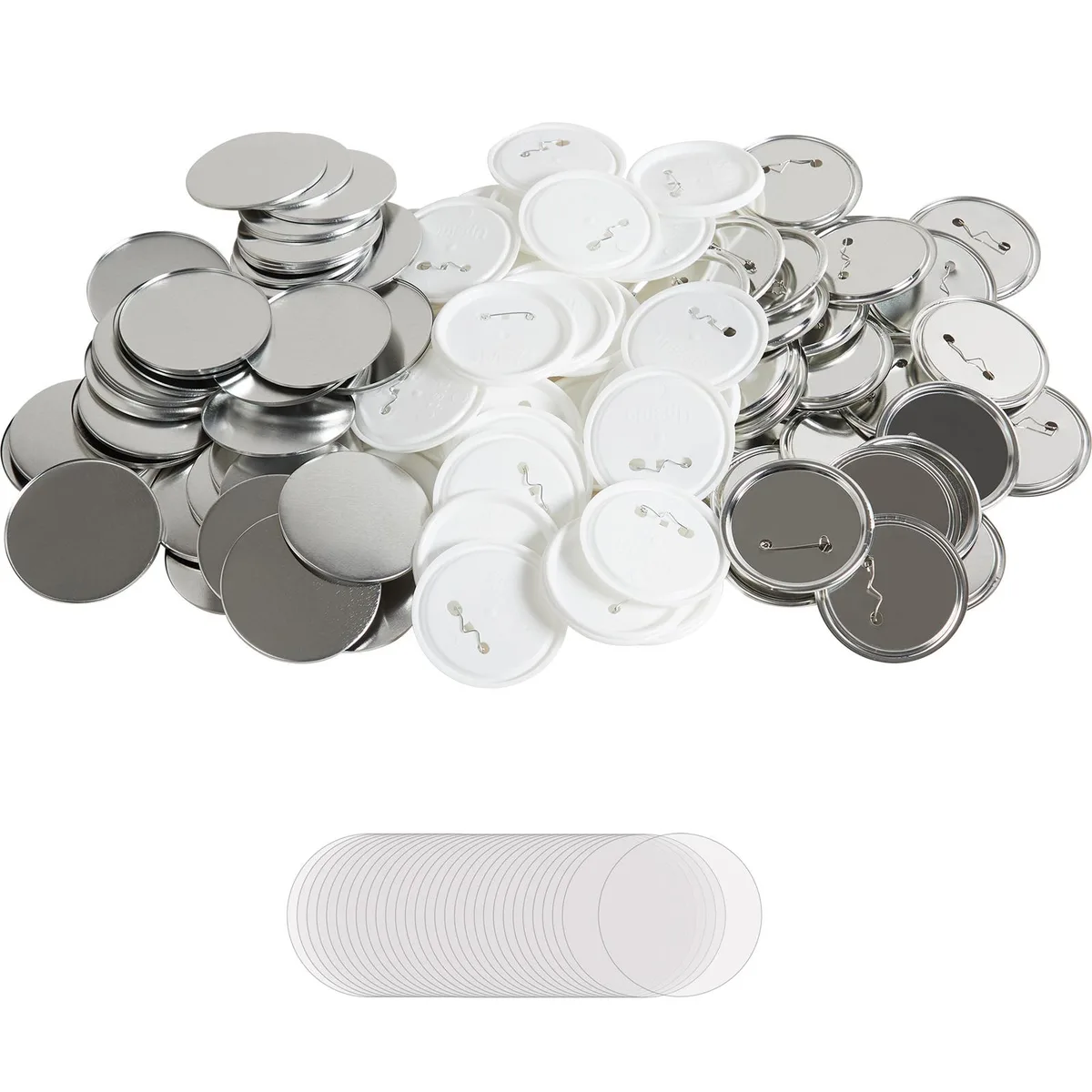 Boxed kit of 200 sets of 75mm pin-back button parts with metal covers, plastic and metal backs, clear film and paper