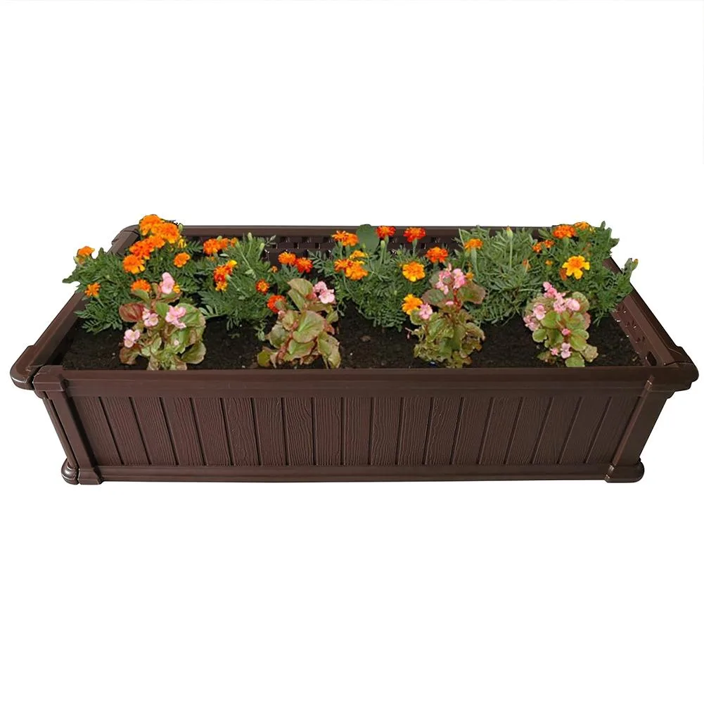 Brown rectangular HDPE garden bed kit, four interlocking panels, 48.6 by 23.6 by 11.8 inches