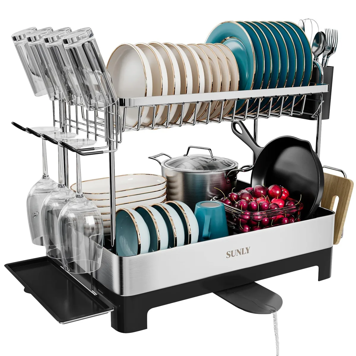 Red two-tier dish drying rack with plastic frame and drainboard