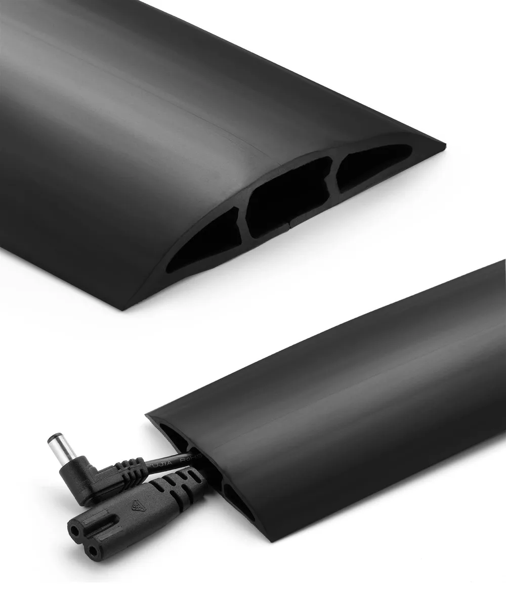 Black PVC cord cover, 4 ft long, ribbed non-slip base, pre-split rear, coiled flat
