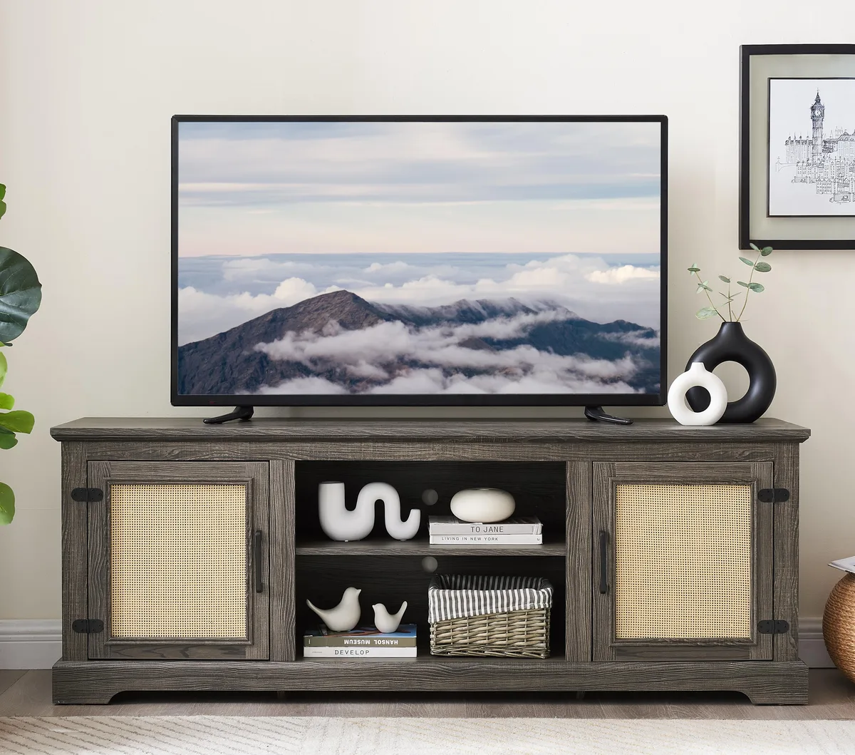 tuphen tuphen Farmhouse Rattan TV Stand 65W Antique Gray Home Entertainment — product photo
