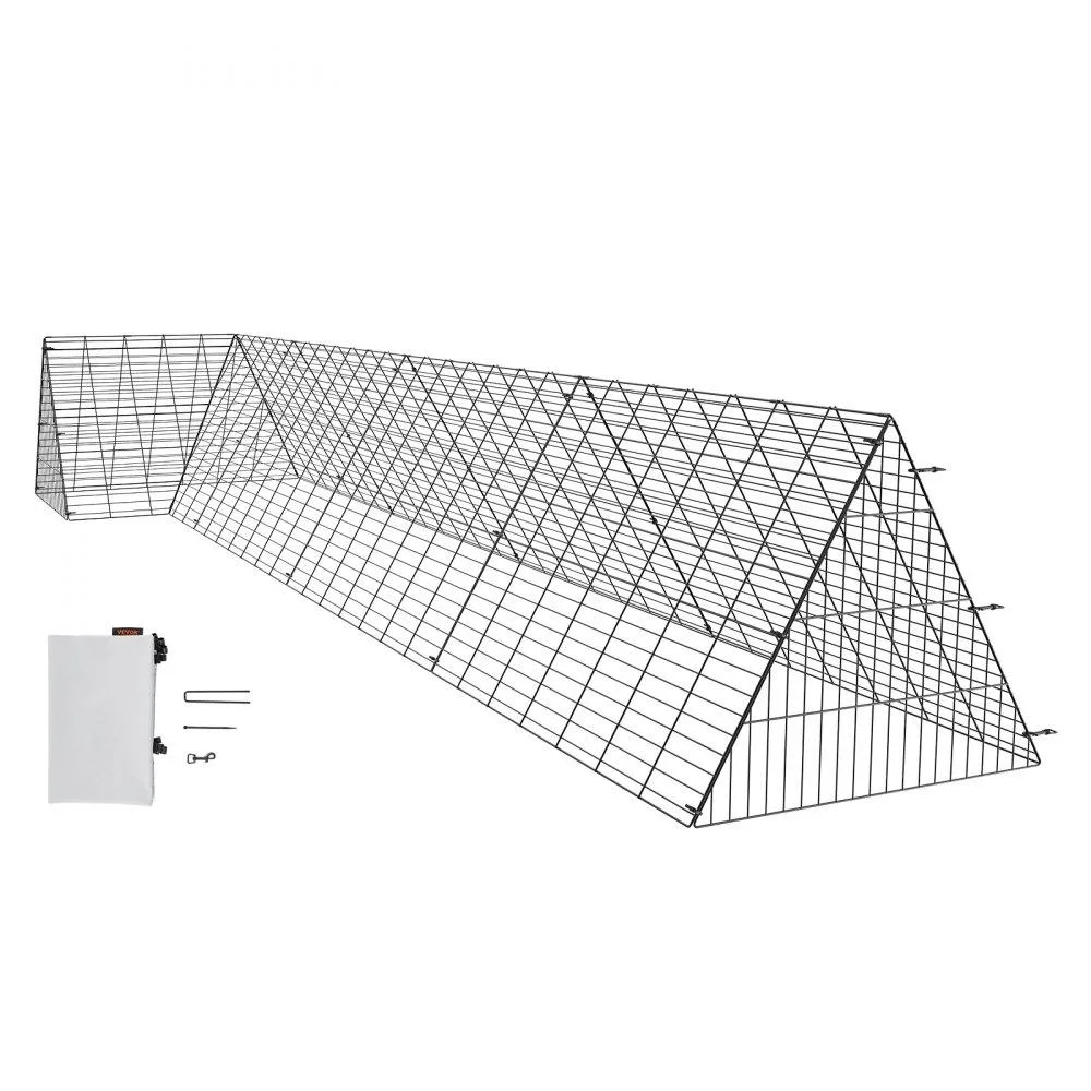 Long black metal mesh tunnel with corner frames and waterproof cover on grass