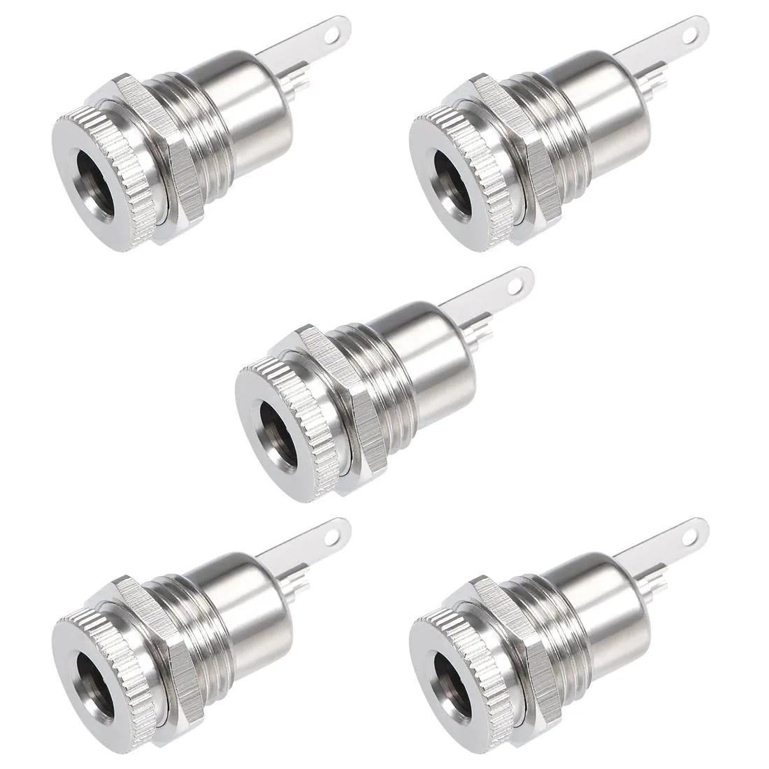 Five silver metal panel-mount DC sockets 5.5mm x 2.5mm