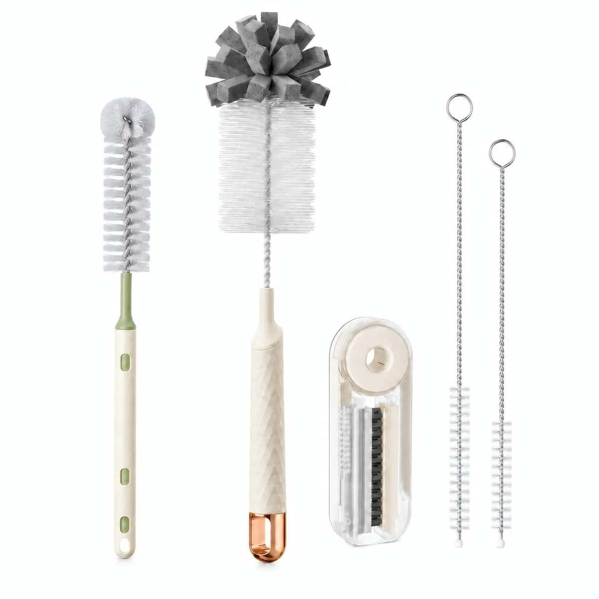 Five-piece bottle cleaning kit with sponge, telescopic and lid brushes