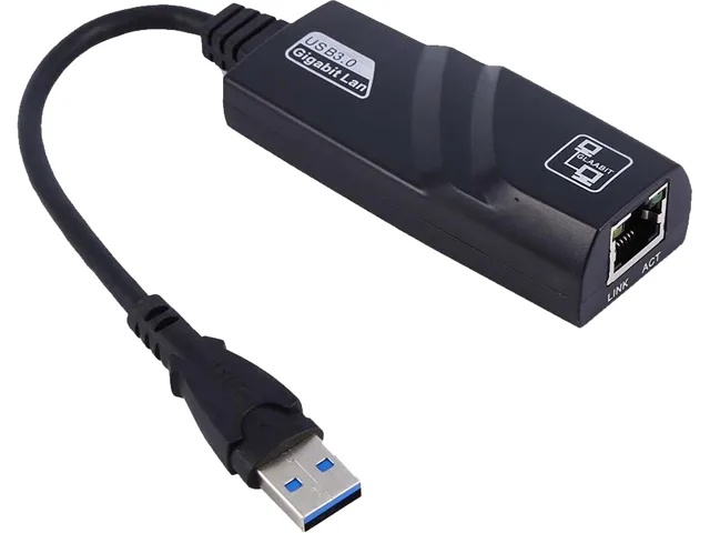 Small rectangular USB 3.0 to Gigabit Ethernet adapter with male USB A plug and female RJ45 port