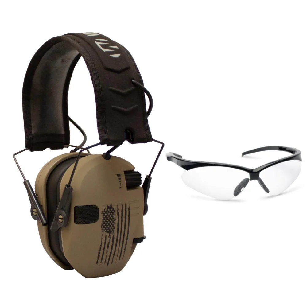 Distressed flag ear muffs with clear shooting glasses, tan finish