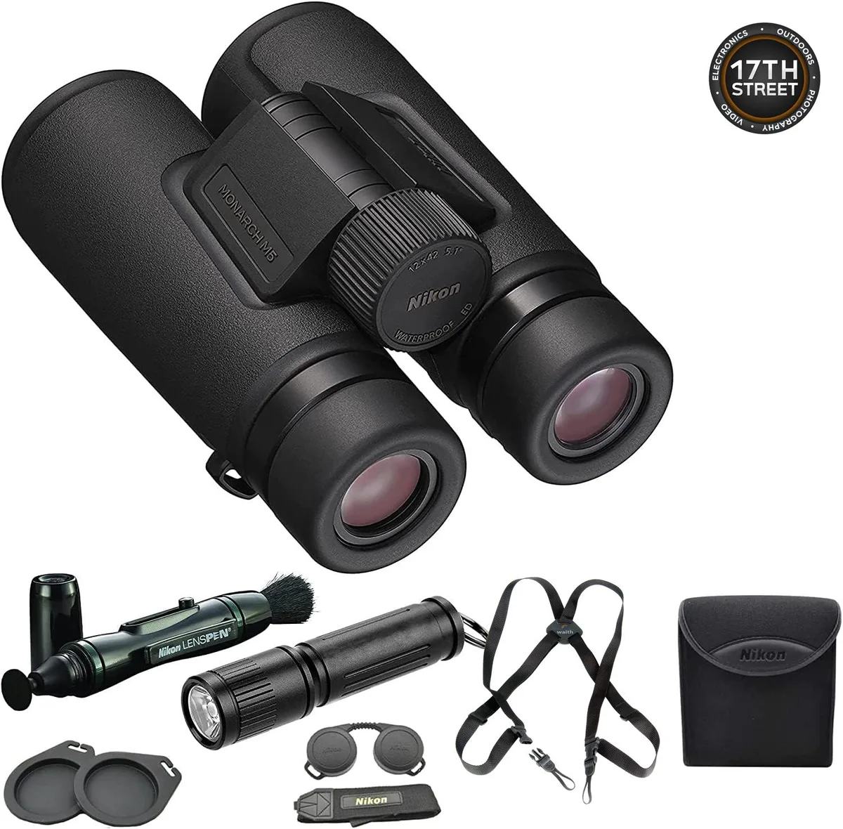Nikon Inc Nikon Monarch M5 12x42 Binocular Kit with Lens Pen, Harness, Flashlight — product photo
