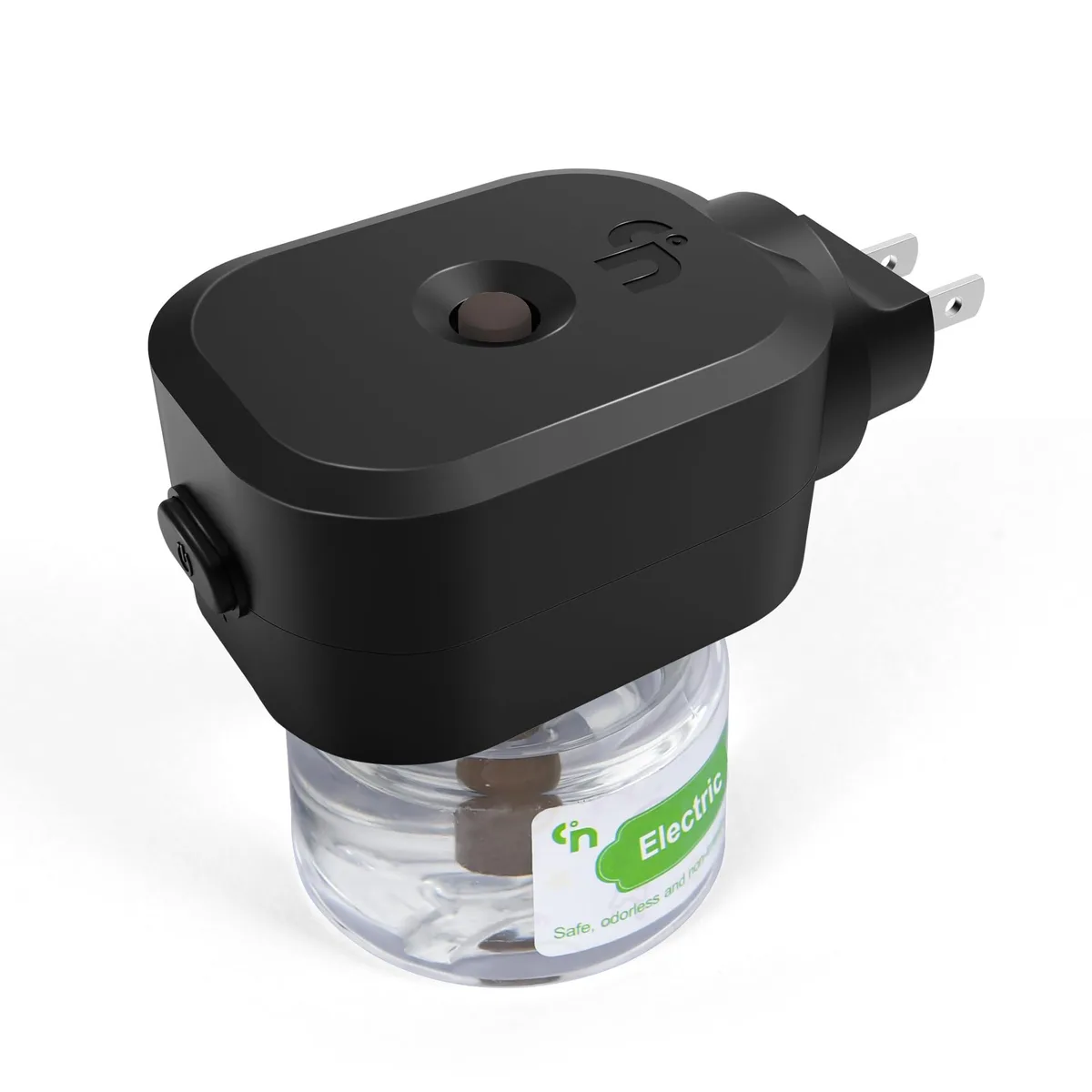 White rectangular plug-in unit with a 90° rotatable prong and a single button on the front